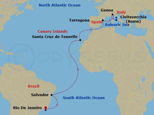 16 Night - Msc Grand Voyages - MSC Divina - Starting in Civitavecchia (Rome), Italy, Genoa (Portofino), Italy, Tarragona, Spain, Santa Cruz de Tenerife, Salvador, Brazil, Rio De Janeiro, Brazil itinerary map