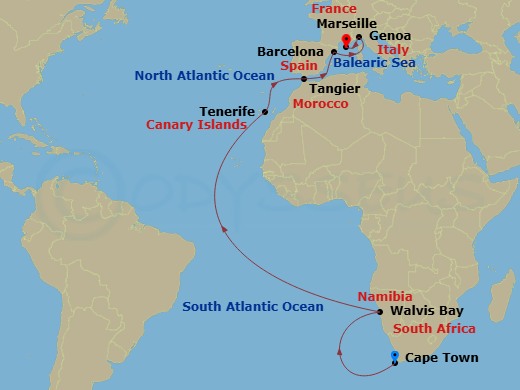 Costa Smeralda - 20 Night - Transcanal Suez from Cape Town - Costa Smeralda - Starting in Cape Town, Walvis Bay, Santa Cruz de Tenerife, Tangier, Barcelona, Genoa, Marseille itinerary map