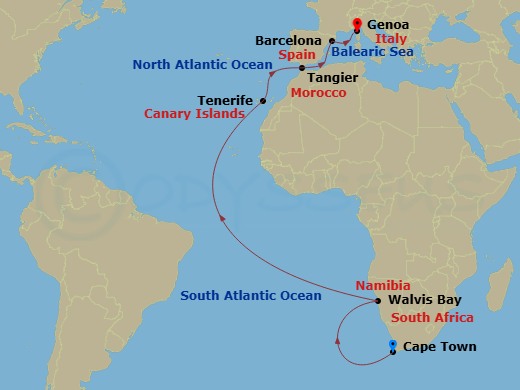 Costa Smeralda - 19 Night - Transcanal Suez from Cape Town - Costa Smeralda - Starting in Cape Town, Walvis Bay, Santa Cruz de Tenerife, Tangier, Barcelona, Genoa itinerary map