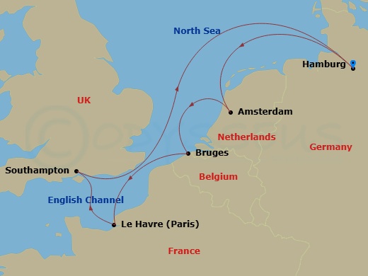 7 Night - Northern Europe - MSC Preziosa - Starting in Hamburg, Germany, Amsterdam, Netherlands, Zeebrugge (Bruges), Belgium, Le Havre (Paris), France, Southampton (London), United Kingdom, Hamburg, Germany itinerary map