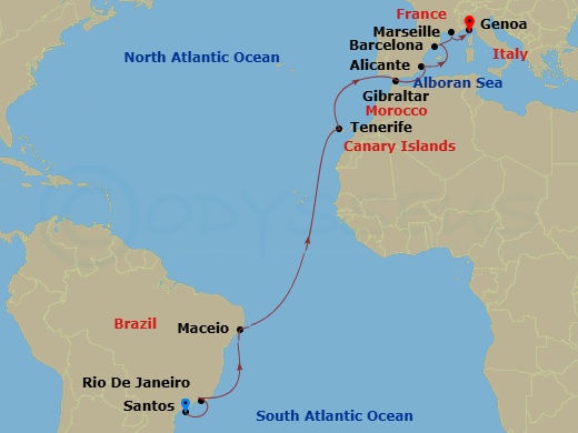 17 Night - Msc Grand Voyages - MSC Seaview - Starting in Santos (Sao Paulo), Brazil, Rio De Janeiro, Brazil, Maceio, Brazil, Santa Cruz de Tenerife, Gibraltar, United Kingdom, Alicante, Spain, Barcelona, Spain, Marseille (Provence), France, Genoa (Portofino), Italy itinerary map