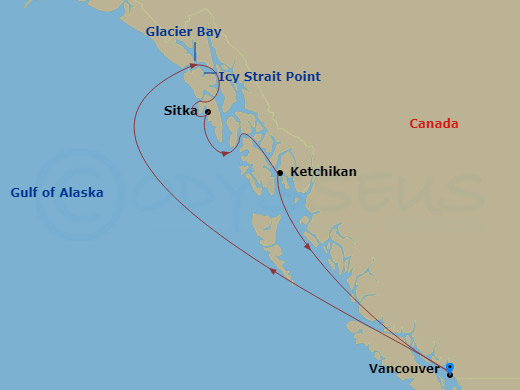 RCL Anthem of the Seas - 7 Night - Alaska Adventure Cruise - RCL Anthem of the Seas - Starting in Vancouver, British Columbia, Icy Strait Point, Alaska, Sitka, Alaska, Hubbard Glacier.. itinerary map