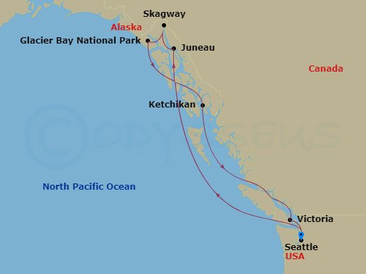 RCL Voyager of the Seas - 7 Night - Alaska Experience Cruise - RCL Voyager of the Seas - Starting in Seattle, Washington, Juneau, Alaska, Skagway, Alaska, Ketchikan (Ward Cove), Alaska.. itinerary map