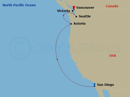 RCL Serenade of the Seas - 7 Night - Pacific Coastal Cruise - RCL Serenade of the Seas - Starting in San Diego, California, Astoria, Oregon, Seattle, Washington, Victoria CA, Canada, Va.. itinerary map