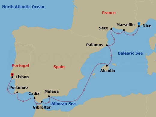 10 Night - Nice to Lisbon - Silver Shadow - Starting in Nice, Marseille, Sete, Palamos, Alcudia, Mallorca, Malaga (Costa del Sol), Gibraltar, Cadiz, Portimao, Lisbon itinerary map