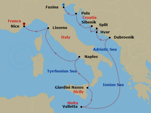 12 Night - Fusina to Nice - Silver Shadow - Starting in Fusina (Venice), Pula, Sibenik, Split, Hvar, Dubrovnik, Croatia, Valletta, Giardini Naxos (Sicily), Naples, Livorno (Tuscany), Nice itinerary map