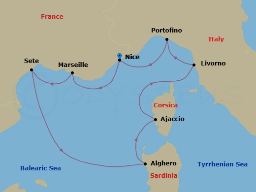 8 Night - Nice to Nice - Silver Shadow - Starting in Nice, Marseille, Sete, Alghero, Sardinia, Ajaccio (Corsica), Livorno (Tuscany), Portofino, Nice itinerary map