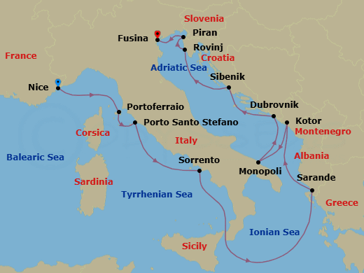 12 Night - Nice to Fusina - Silver Shadow - Starting in Nice, Portoferraio (Elba), Porto Santo Stefano, Sorrento, Sarande, Kotor, Monopoli, Dubrovnik, Croatia, Sibenik, Rovinj, Piran, Fusina (Venice) itinerary map