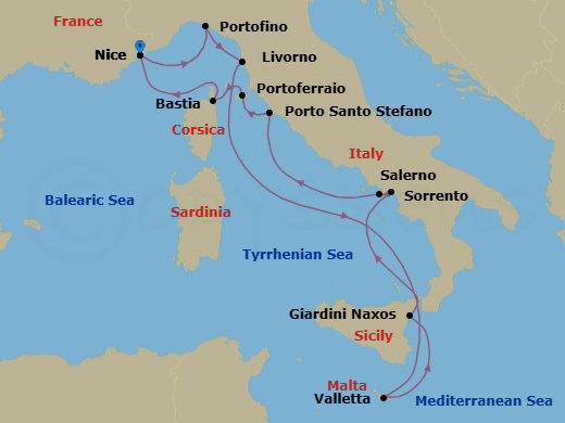 12 Night - Nice to Nice - Silver Shadow - Starting in Nice, Portofino, Livorno (Tuscany), Valletta, Giardini Naxos (Sicily), Salerno, Sorrento, Porto Santo Stefano, Portoferraio (Elba), Bastia, Corsica, Nice itinerary map