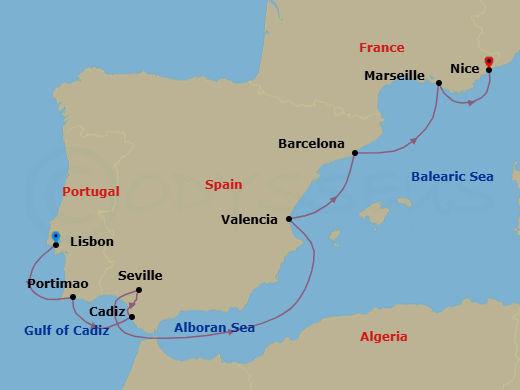 9 Night - Lisbon to Nice - Silver Shadow - Starting in Lisbon, Portimao, Cadiz, Sevilla, Valencia, Barcelona, Marseille, Nice itinerary map