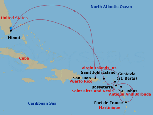 11 Night - Miami to Miami - Silver Nova - Starting in Miami, Fl, St John VI, Gustavia, St Barthelemy, St Johns, Fort-de-France, St Kitts (Basseterre), San Juan, Miami, Fl itinerary map