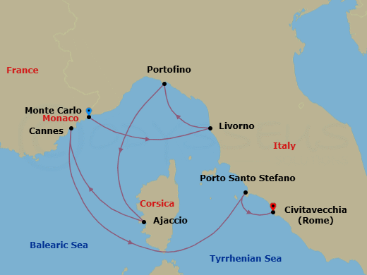 7 Night - Monte Carlo to Civitavecchia - Silver Ray - Starting in Monte Carlo, Livorno (Tuscany), Portofino, Ajaccio (Corsica), Cannes, Porto Santo Stefano, Civitavecchia (Rome) itinerary map