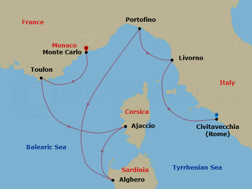 7 Night - Civitavecchia to Monte Carlo - Silver Ray - Starting in Civitavecchia (Rome), Livorno (Tuscany), Portofino, Alghero, Sardinia, Ajaccio (Corsica), Toulon, Monte Carlo itinerary map