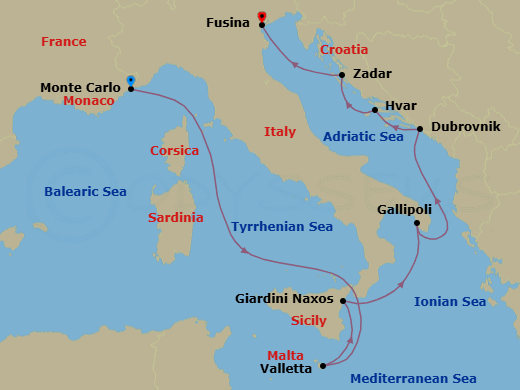 8 Night - Monte Carlo to Fusina - Silver Ray - Starting in Monte Carlo, Valletta, Giardini Naxos (Sicily), Gallipoli, Dubrovnik, Croatia, Hvar, Zadar, Fusina (Venice) itinerary map