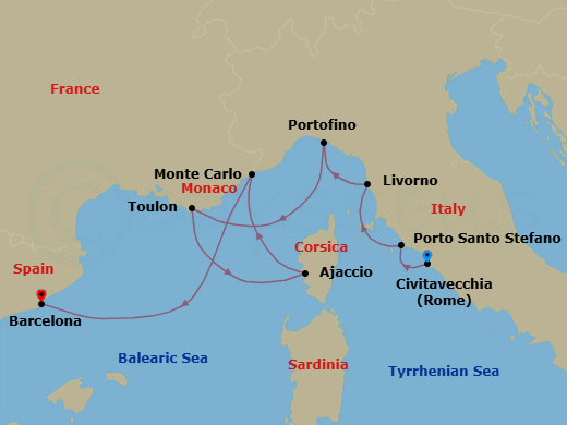 10 Night - Civitavecchia to Barcelona - Silver Ray - Starting in Civitavecchia (Rome), Porto Santo Stefano, Livorno (Tuscany), Portofino, Toulon, Ajaccio (Corsica), Monte Carlo (Grand Prix), Barcelona itinerary map