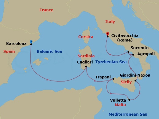 8 Night - Barcelona to Civitavecchia - Silver Ray - Starting in Barcelona, Cagliari (Sardinia), Trapani, Sicily, Valletta, Giardini Naxos (Sicily), Agropoli, Sorrento, Civitavecchia (Rome) itinerary map