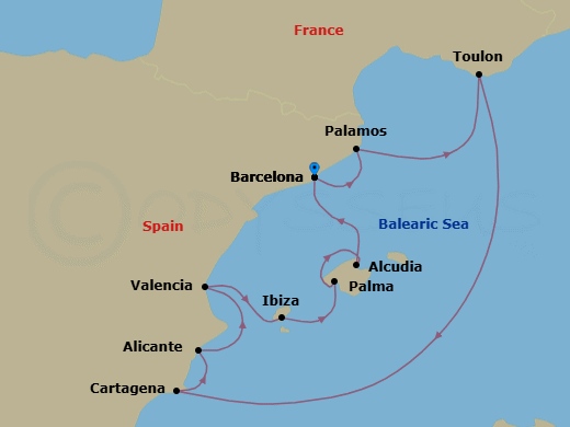 10 Night - Barcelona to Barcelona - Silver Ray - Starting in Barcelona, Palamos, Toulon, Cartagena ES, Spain, Alicante, Valencia, Ibiza, Palma De Mallorca, Alcudia, Mallorca, Barcelona itinerary map