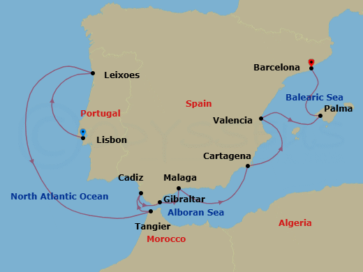 11 Night - Lisbon to Barcelona - Silver Ray - Starting in Lisbon, Oporto (Leixoes), Tangier, Cadiz, Gibraltar, Malaga (Costa del Sol), Cartagena ES, Spain, Valencia, Palma De Mallorca, Barcelona itinerary map