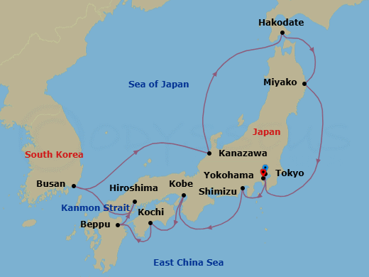15 Night - Tokyo to Yokohama - Silver Moon - Starting in Tokyo, Shimizu, Kobe, Kochi, Beppu (Kyushu Island), Hiroshima, Busan, Kanazawa, Hakodate (Hokkaido), Miyako, Iwate, Yokohama (Tokyo) itinerary map