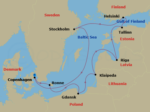 10 Night - Copenhagen to Copenhagen - Silver Dawn - Starting in Copenhagen, Ronne, Bornholm, Gdansk, Klaipeda, Riga, Tallinn, Helsinki, Stockholm, Copenhagen itinerary map