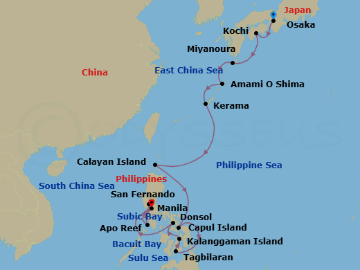 14 Night - Osaka to Manila - Silver Cloud - Starting in Osaka, Kochi, Miyanoura / Yakushima, Amami Islands, Kerama Archipelago, Calayan, Babuyan Islands, San Luis, Capul Island, Bohol (Tagbilaran), Kalanggaman private island, Donsol, San Fernando, Sibuyan Island, Apo Reef, Manila itinerary map