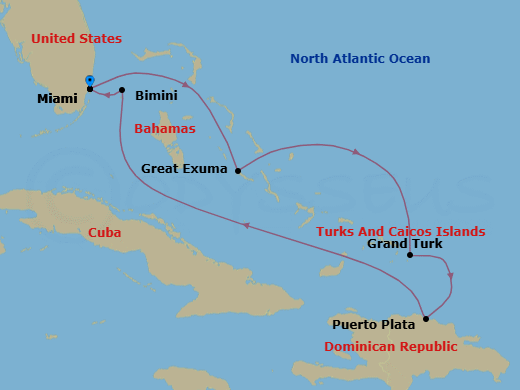 7 Night - Miami to Miami - Silver Shadow - Starting in Miami, Fl, Exuma Island, Grand Turk, Puerto Plata, Dominican Republic, Bimini, Miami, Fl itinerary map