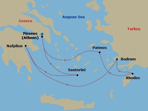 7 Night - Athens to Athens - Silver Nova - Starting in Athens (Piraeus), Santorini, Nafplion, Bodrum, Rhodes, Patmos, Athens (Piraeus) itinerary map