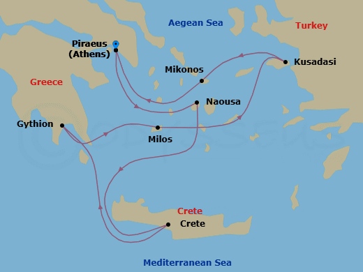 7 Night - Athens to Athens - Silver Nova - Starting in Athens (Piraeus), Naousa, Paros, Souda Bay (Crete), Gythion, Milos, Kusadasi, Mykonos, Athens (Piraeus) itinerary map