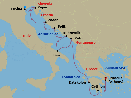 10 Night - Fusina to Athens - Silver Nova - Starting in Fusina (Venice), Koper, Zadar, Split, Dubrovnik, Croatia, Bari, Kotor, Katakolon (Olympia), Gythion, Athens (Piraeus) itinerary map