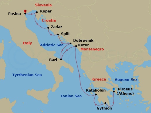 10 Night - Athens to Fusina - Silver Nova - Starting in Athens (Piraeus), Gythion, Katakolon (Olympia), Kotor, Bari, Dubrovnik, Croatia, Split, Zadar, Koper, Fusina (Venice) itinerary map