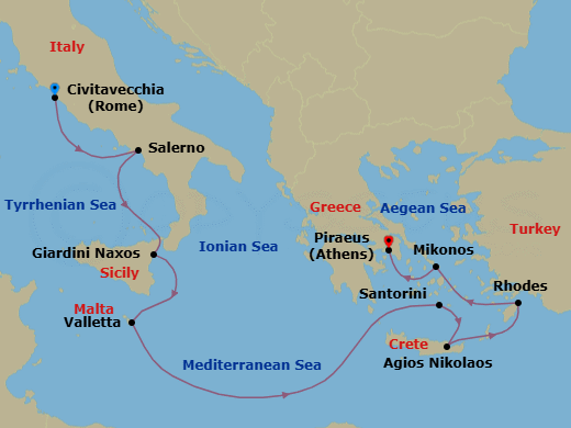 9 Night - Civitavecchia to Athens - Silver Nova - Starting in Civitavecchia (Rome), Salerno, Giardini Naxos (Sicily), Valletta, Santorini, Aghios Nikolaos, Crete, Rhodes, Mykonos, Athens (Piraeus) itinerary map