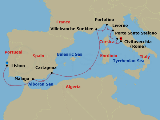 10 Night - Lisbon to Civitavecchia - Silver Nova - Starting in Lisbon, Malaga (Costa del Sol), Cartagena ES, Spain, Villefranche, Portofino, Livorno (Tuscany), Porto Santo Stefano, Civitavecchia (Rome) itinerary map