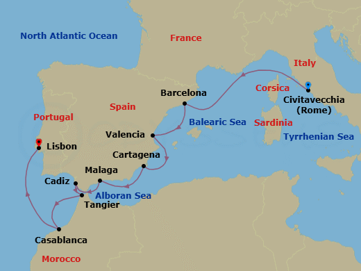 10 Night - Civitavecchia to Lisbon - Silver Spirit - Starting in Civitavecchia (Rome), Barcelona, Valencia, Cartagena ES, Spain, Malaga (Costa del Sol), Cadiz, Tangier, Casablanca, Lisbon itinerary map