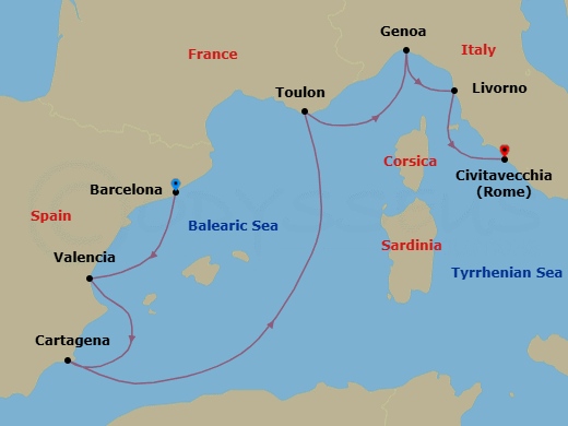 7 Night - Barcelona to Civitavecchia - Silver Nova - Starting in Barcelona, Valencia, Cartagena ES, Spain, Toulon, Genoa, Livorno (Tuscany), Civitavecchia (Rome) itinerary map