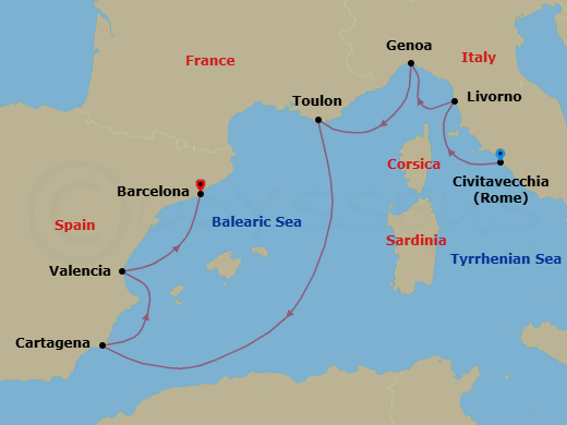 7 Night - Civitavecchia to Barcelona - Silver Nova - Starting in Civitavecchia (Rome), Livorno (Tuscany), Genoa, Toulon, Cartagena ES, Spain, Valencia, Barcelona itinerary map