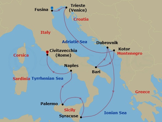 10 Night - Fusina to Civitavecchia - Silver Nova - Starting in Fusina (Venice), Trieste, Kotor, Bari, Dubrovnik, Croatia, Siracusa (Sicily), Palermo, Sicily, Naples, Civitavecchia (Rome) itinerary map