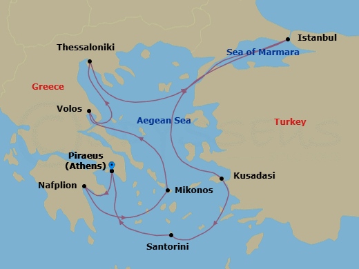 11 Night - Athens to Athens - Silver Nova - Starting in Athens (Piraeus), Nafplion, Mykonos, Volos, Thessaloniki, Istanbul, Cruise the Dardanelles, Kusadasi, Santorini, Athens (Piraeus) itinerary map