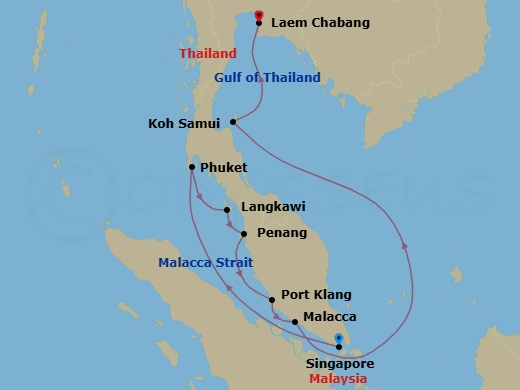 12 Night - Singapore to Bangkok - Silver Muse - Starting in Singapore, Phuket, Langkawi, Penang, George Town, Port Klang (Kuala Lumpur), Malacca, Koh Samui, Bangkok (Laem Chabang) itinerary map