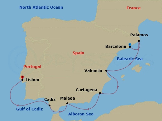 7 Night - Barcelona to Lisbon - Silver Ray - Starting in Barcelona, Palamos, Valencia, Cartagena ES, Spain, Malaga (Costa del Sol), Cadiz, Lisbon itinerary map
