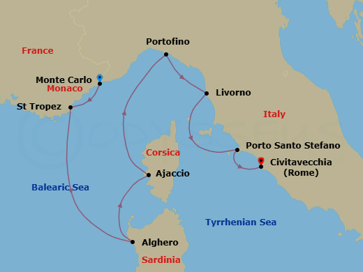 8 Night - Monte Carlo to Civitavecchia - Silver Ray - Starting in Monte Carlo, Saint Tropez, Alghero, Sardinia, Ajaccio (Corsica), Portofino, Livorno (Tuscany), Porto Santo Stefano, Civitavecchia (Rome) itinerary map