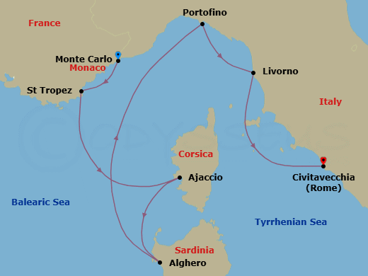 7 Night - Monte Carlo to Civitavecchia - Silver Ray - Starting in Monte Carlo, Saint Tropez, Ajaccio (Corsica), Alghero, Sardinia, Portofino, Livorno (Tuscany), Civitavecchia (Rome) itinerary map