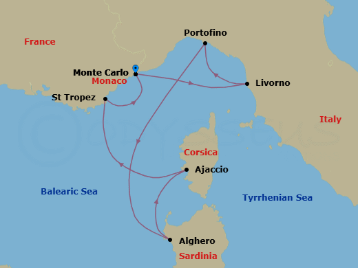7 Night - Monte Carlo to Monte Carlo - Silver Ray - Starting in Monte Carlo, Livorno (Tuscany), Portofino, Alghero, Sardinia, Ajaccio (Corsica), Saint Tropez, Monte Carlo itinerary map
