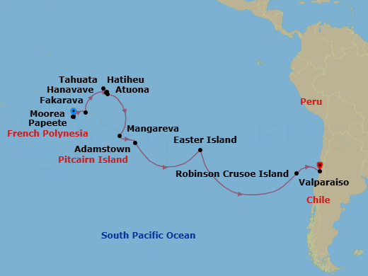 23 Night - Papeete to Valparaiso - Silver Cloud - Starting in Papeete (Tahiti), Moorea Island, Fakarava, Tuamotu Archipelago, Atuona / Hiva Oa, Marquesas Island, Tahuata, Marquesas Islands, Hatiheu, Nuku Hiva, Hanavave, Fatu Hiva, Mangareva (Gambier Islands), Adamstown (Pitcairn Island), Easter Island, Robinson Crusoe Island, Valparaiso itinerary map