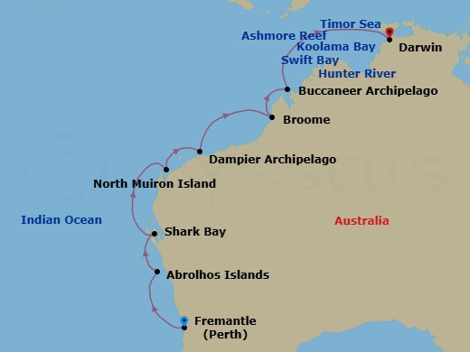 16 Night - Fremantle to Darwin - Silver Cloud - Starting in Fremantle (Perth), Western Australia, Abrolhos Islands, Cape Peron, Shark Bay, North Muiron Island, Dampier Archipelago, Broome (Kimberley), Buccaneer Archipelago Region, Hunter River Region, Western Australia, Ashmore Reef, Swift Bay, Koolama Bay, Darwin itinerary map