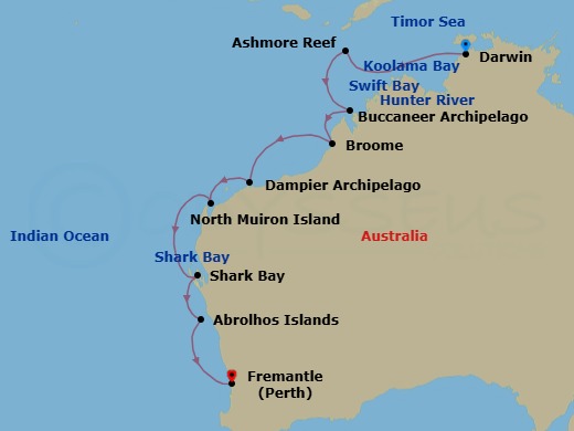 16 Night - Darwin to Fremantle - Silver Cloud - Starting in Darwin, Koolama Bay, Swift Bay, Ashmore Reef, Hunter River Region, Western Australia, Buccaneer Archipelago Region, Broome (Kimberley), Dampier Archipelago, North Muiron Island, Cape Peron, Shark Bay, Abrolhos Islands, Fremantle (Perth), Western Australia itinerary map
