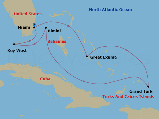 7 Night - Miami to Miami - Silver Shadow - Starting in Miami, Fl, Exuma Island, Grand Turk, Bimini, Key West, Florida, Miami, Fl itinerary map