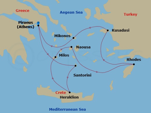 9 Night - Athens to Athens - Silver Nova - Starting in Athens (Piraeus), Santorini, Heraklion, Milos, Naousa, Paros, Rhodes, Kusadasi, Mykonos, Athens (Piraeus) itinerary map