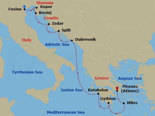 10 Night - Fusina to Athens - Silver Nova - Starting in Fusina (Venice), Koper, Rovinj, Zadar, Split, Dubrovnik, Croatia, Katakolon (Olympia), Gythion, Milos, Athens (Piraeus) itinerary map