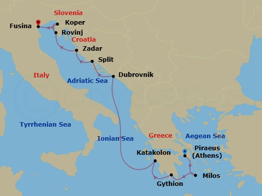 10 Night - Athens to Fusina - Silver Nova - Starting in Athens (Piraeus), Milos, Gythion, Katakolon (Olympia), Dubrovnik, Croatia, Split, Zadar, Rovinj, Koper, Fusina (Venice) itinerary map