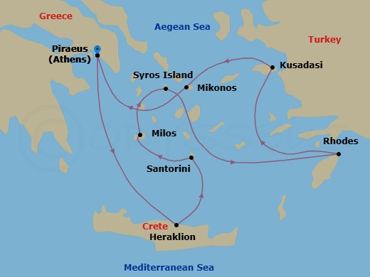 9 Night - Athens to Athens - Silver Nova - Starting in Athens (Piraeus), Heraklion, Santorini, Milos, Syros, Rhodes, Kusadasi, Mykonos, Athens (Piraeus) itinerary map